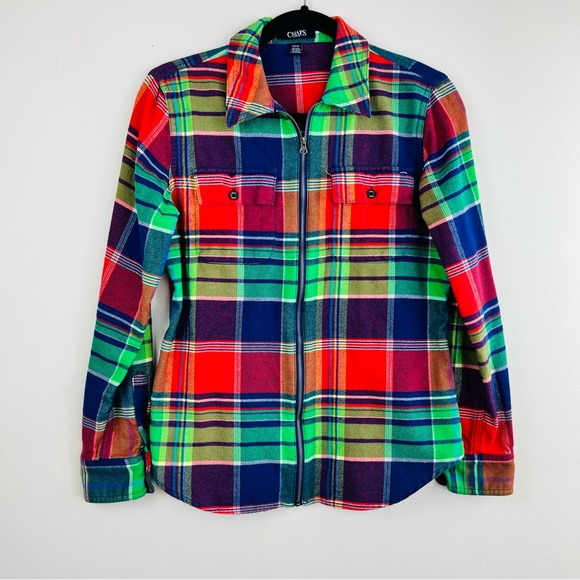 Chaps Denim Plaid Flannel Colorful Zip Up shirt Women Size S - Picture 8 of 14